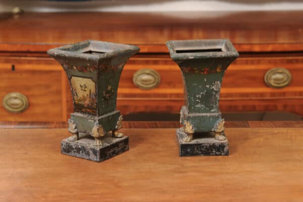 Pair of 19th Century French Blue Painted Tole Cachepots with Landscapes - Image 3