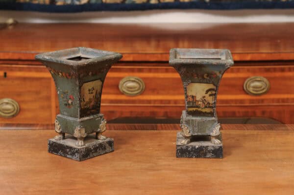 Pair of 19th Century French Blue Painted Tole Cachepots with Landscapes - Image 5