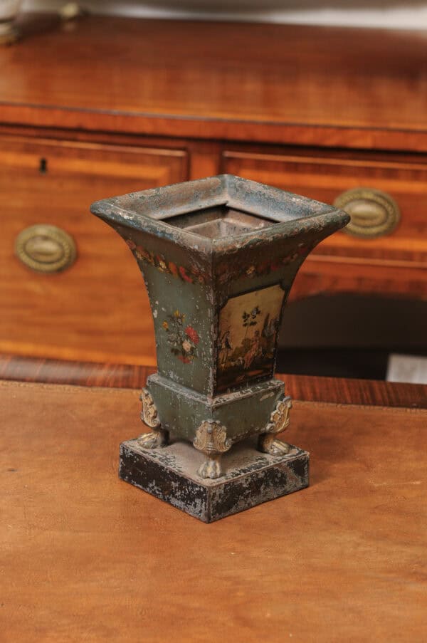 Pair of 19th Century French Blue Painted Tole Cachepots with Landscapes - Image 7