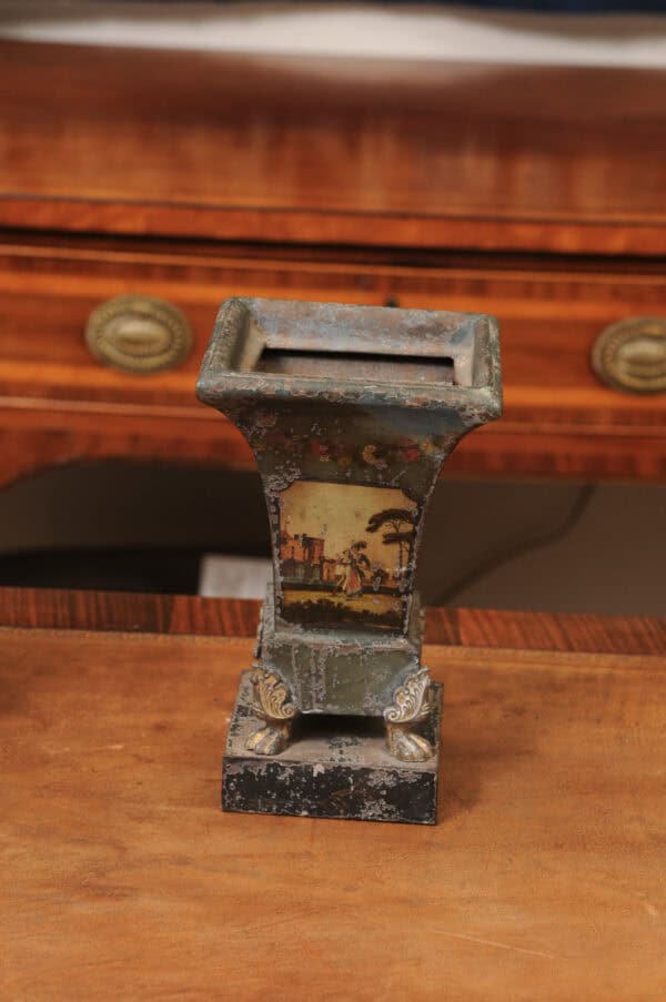 Pair of 19th Century French Blue Painted Tole Cachepots with Landscapes - Image 8
