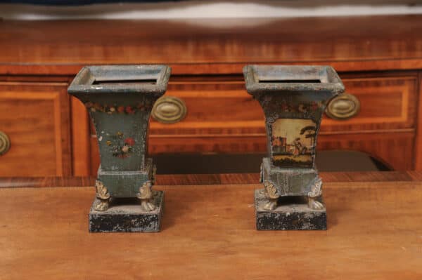 Pair of 19th Century French Blue Painted Tole Cachepots with Landscapes - Image 9