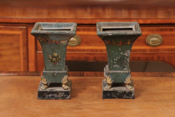 Pair of 19th Century French Blue Painted Tole Cachepots with Landscapes - Image 11