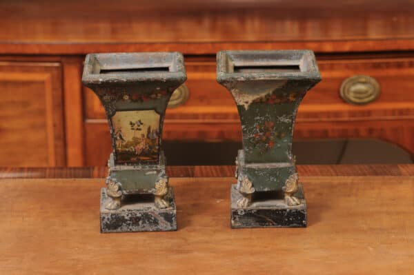 Pair of 19th Century French Blue Painted Tole Cachepots with Landscapes - Image 12