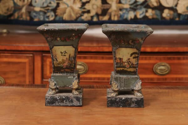 Pair of 19th Century French Blue Painted Tole Cachepots with Landscapes - Image 13