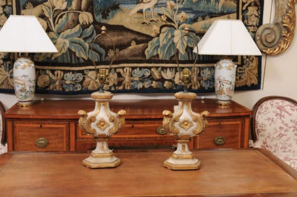 Pair of Italian Painted & Parcel Gilt Architectural Elements, Wired as Lamps, ca. 1890 - Image 3