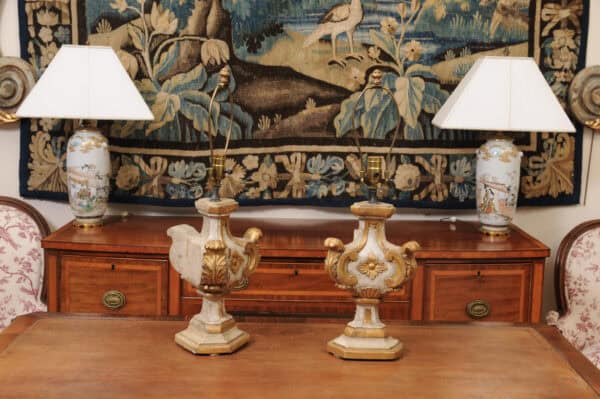Pair of Italian Painted & Parcel Gilt Architectural Elements, Wired as Lamps, ca. 1890 - Image 7