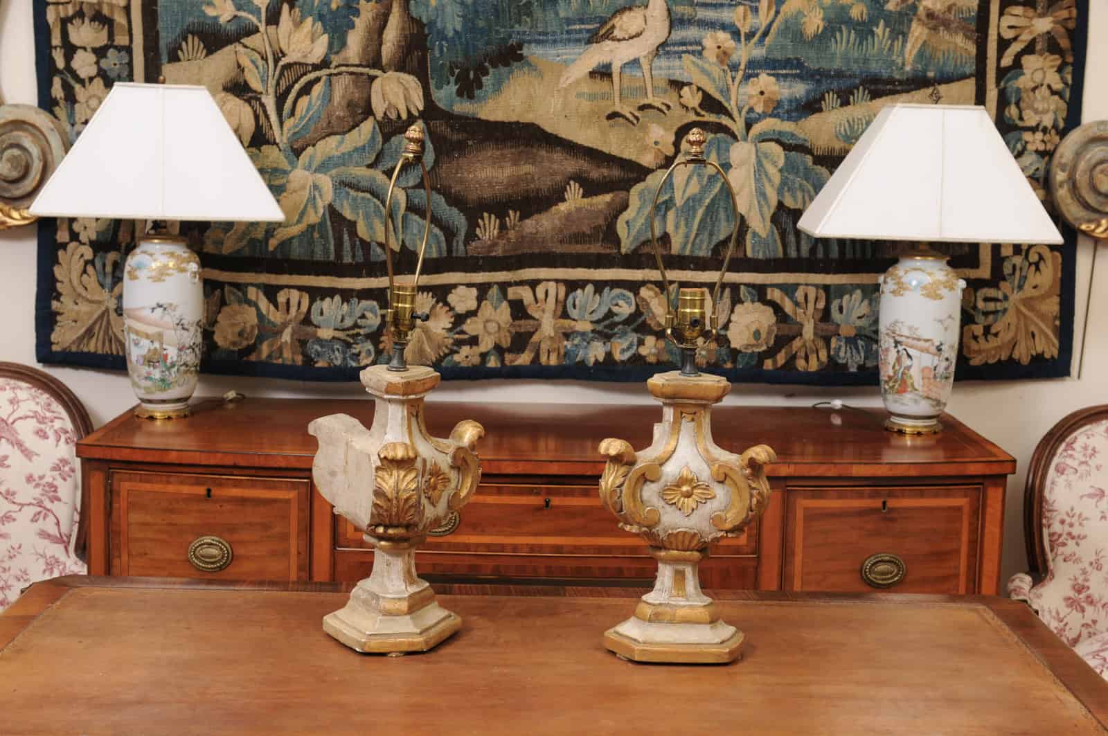 Pair of Italian Painted & Parcel Gilt Architectural Elements, Wired as Lamps, ca. 1890 - Image 7