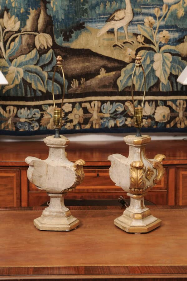 Pair of Italian Painted & Parcel Gilt Architectural Elements, Wired as Lamps, ca. 1890 - Image 8
