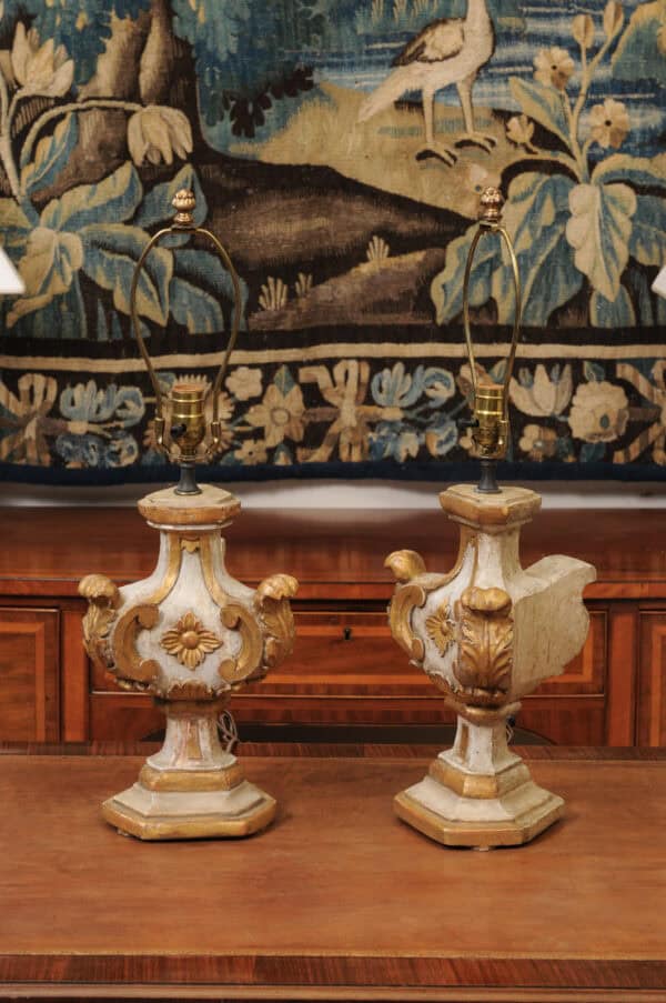 Pair of Italian Painted & Parcel Gilt Architectural Elements, Wired as Lamps, ca. 1890 - Image 12