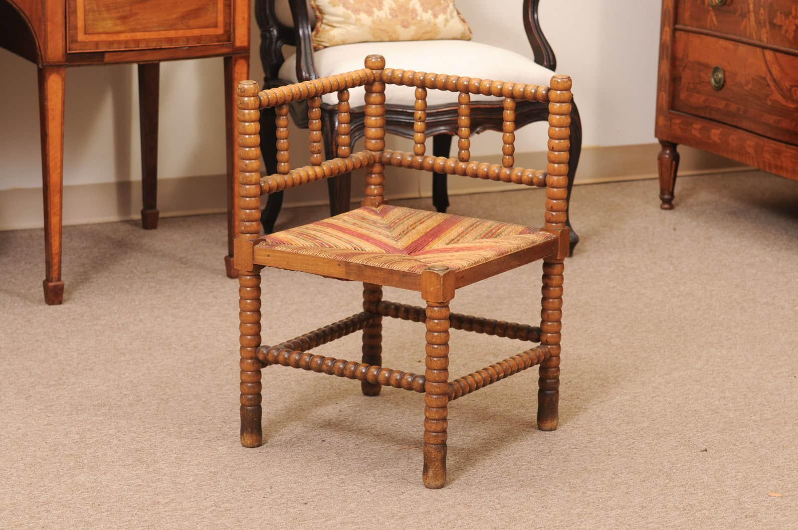 Bobbin Turned Corner Chair with Straw Seat, ca. 1920 France - Image 3