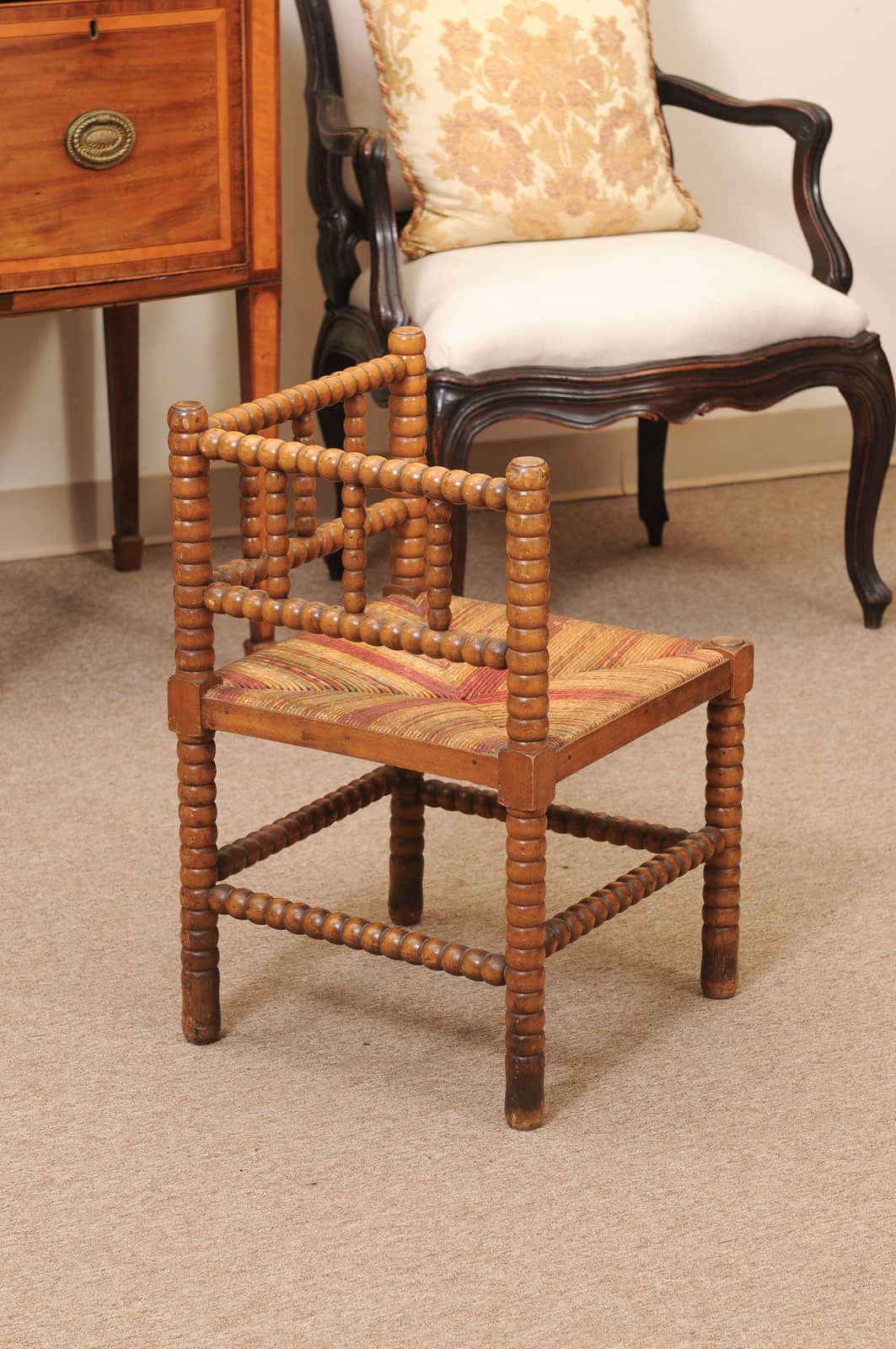 Bobbin Turned Corner Chair with Straw Seat, ca. 1920 France - Image 7