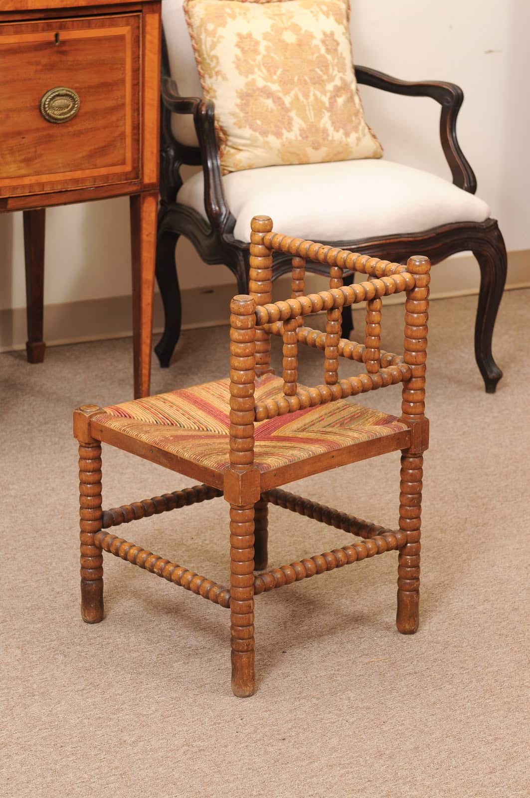Bobbin Turned Corner Chair with Straw Seat, ca. 1920 France - Image 11