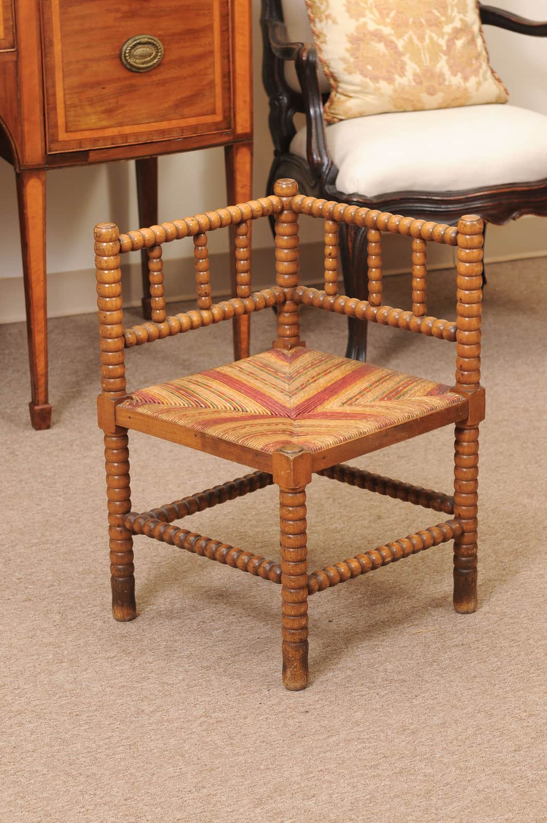 Bobbin Turned Corner Chair with Straw Seat, ca. 1920 France - Image 13