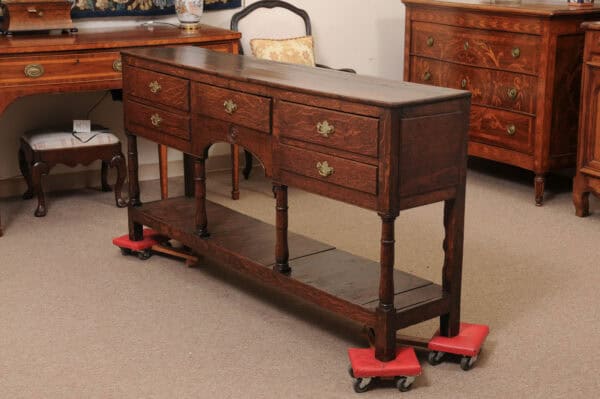 Late 18th Century English Oak Dresser Base with 5 Drawers, Arched Detail and Pot Board Below - Image 12