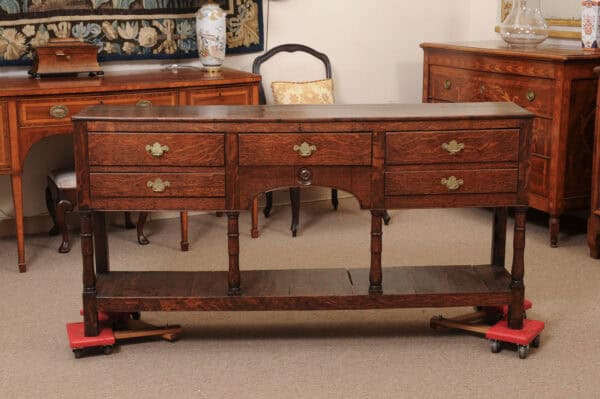 Late 18th Century English Oak Dresser Base with 5 Drawers, Arched Detail and Pot Board Below - Image 13