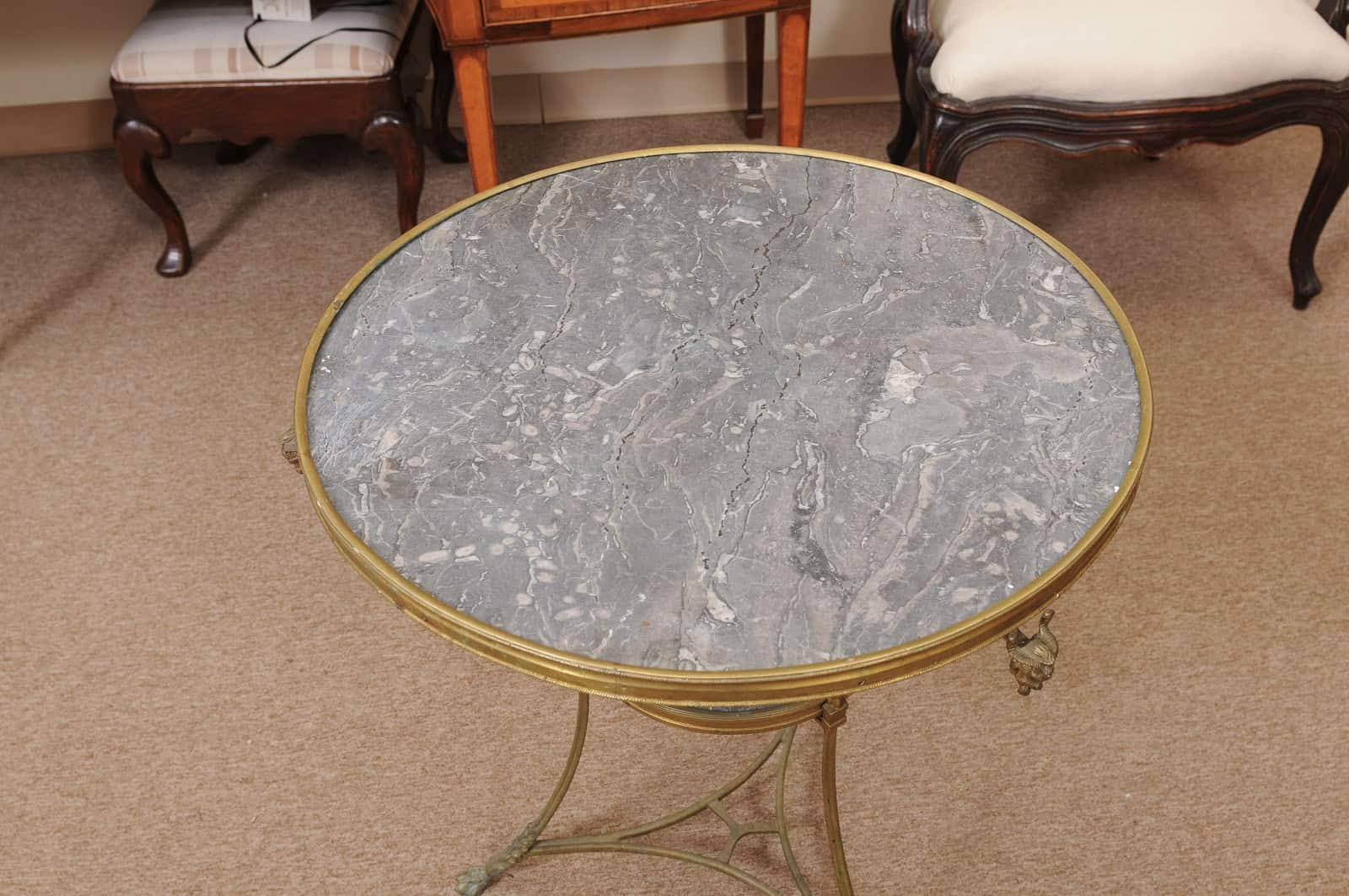 19th Century French Louis XVI Style Gueridon in Bronze with Grey Marble Top and Rams Head Detail - Image 7