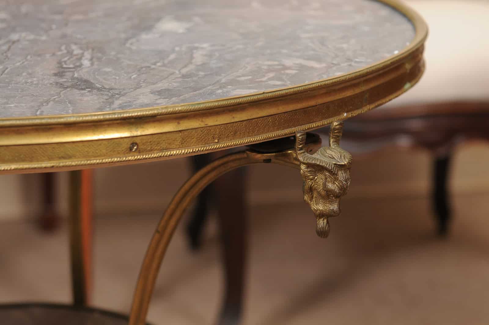 19th Century French Louis XVI Style Gueridon in Bronze with Grey Marble Top and Rams Head Detail - Image 8