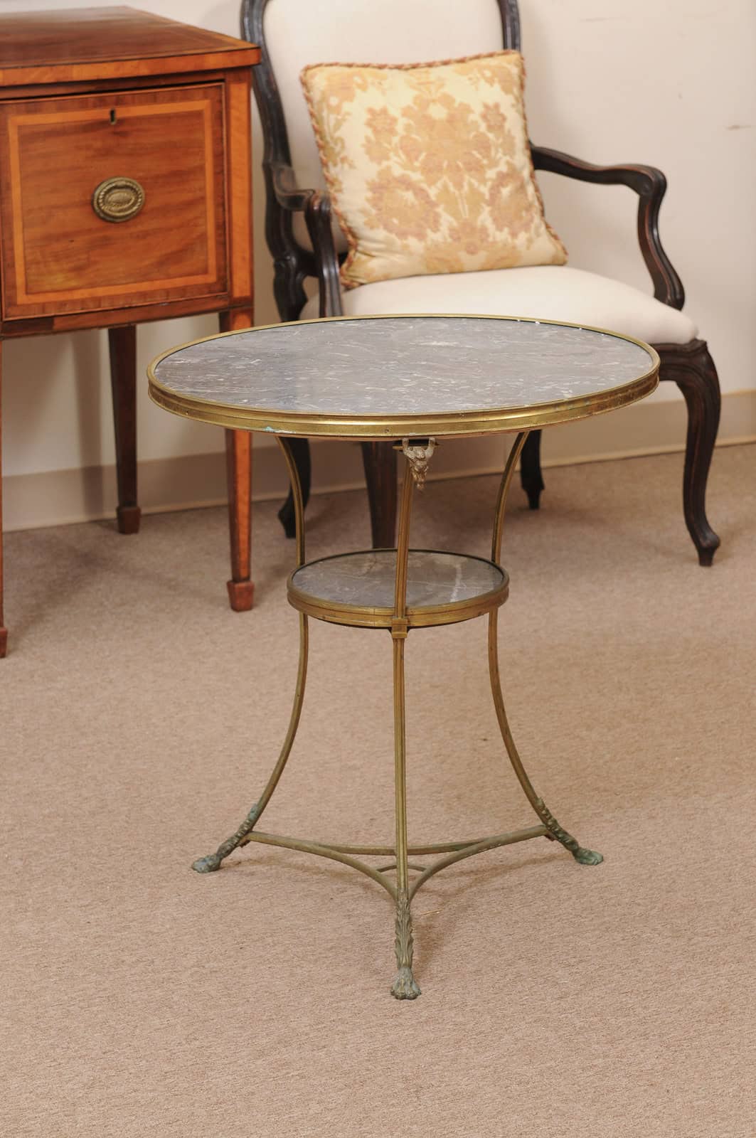 19th Century French Louis XVI Style Gueridon in Bronze with Grey Marble Top and Rams Head Detail - Image 9