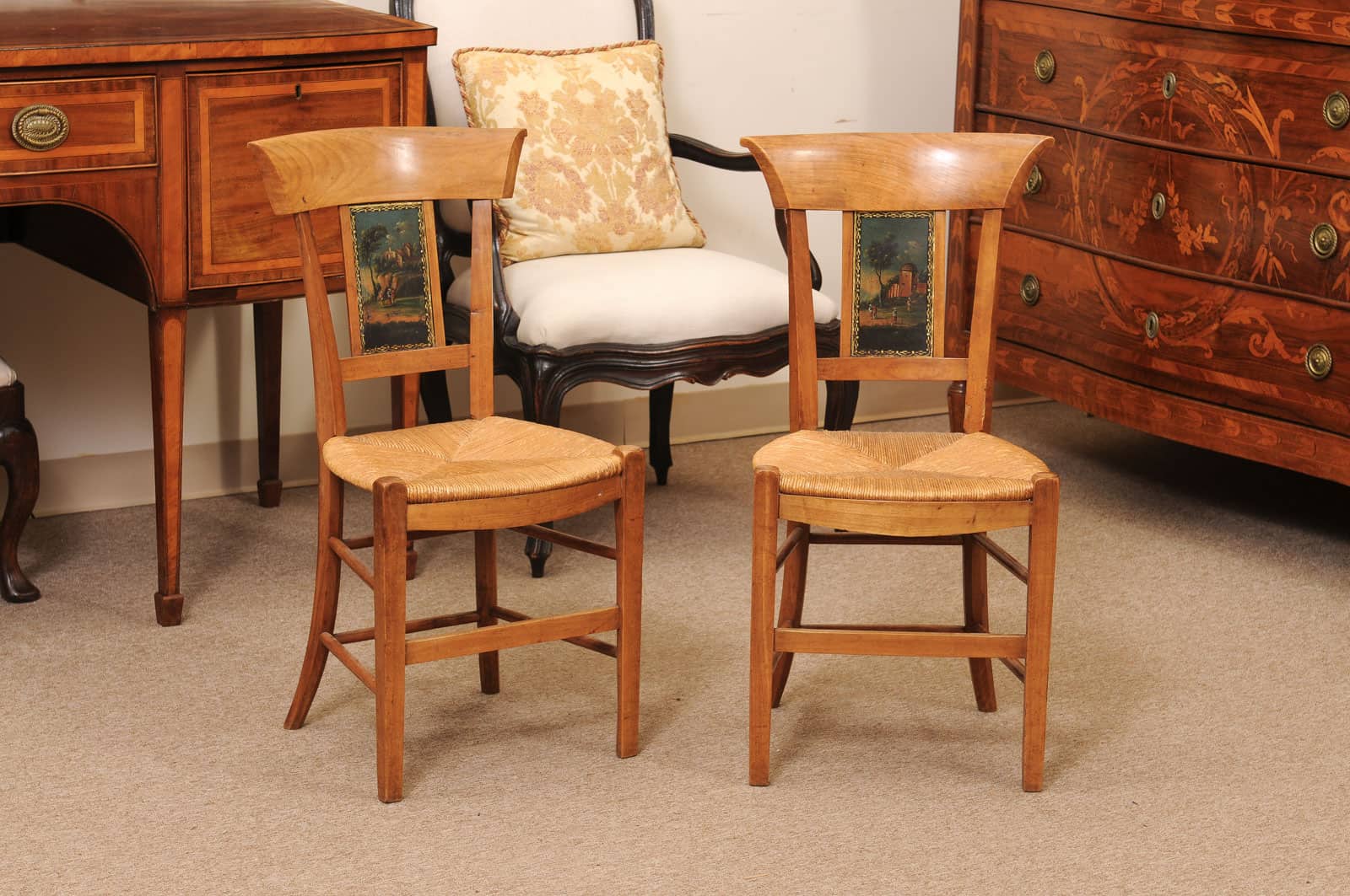 Pair of French Directoire Side Chairs with Rush Seats & Painted Backsplats, ca. 1800 - Image 3