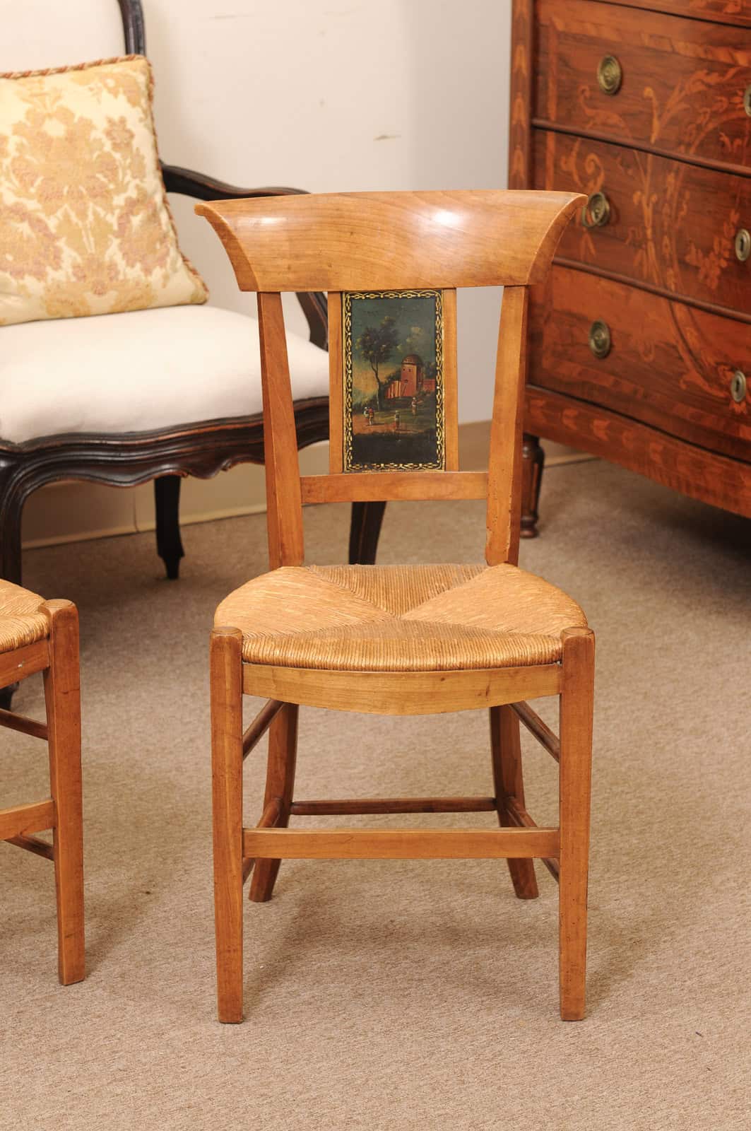 Pair of French Directoire Side Chairs with Rush Seats & Painted Backsplats, ca. 1800 - Image 5