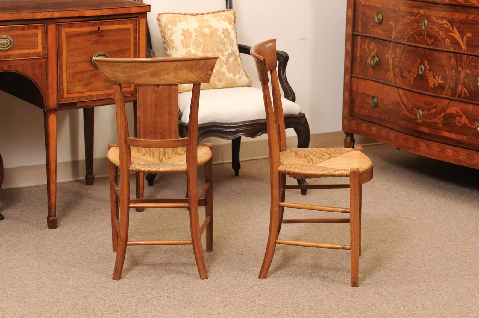 Pair of French Directoire Side Chairs with Rush Seats & Painted Backsplats, ca. 1800 - Image 9