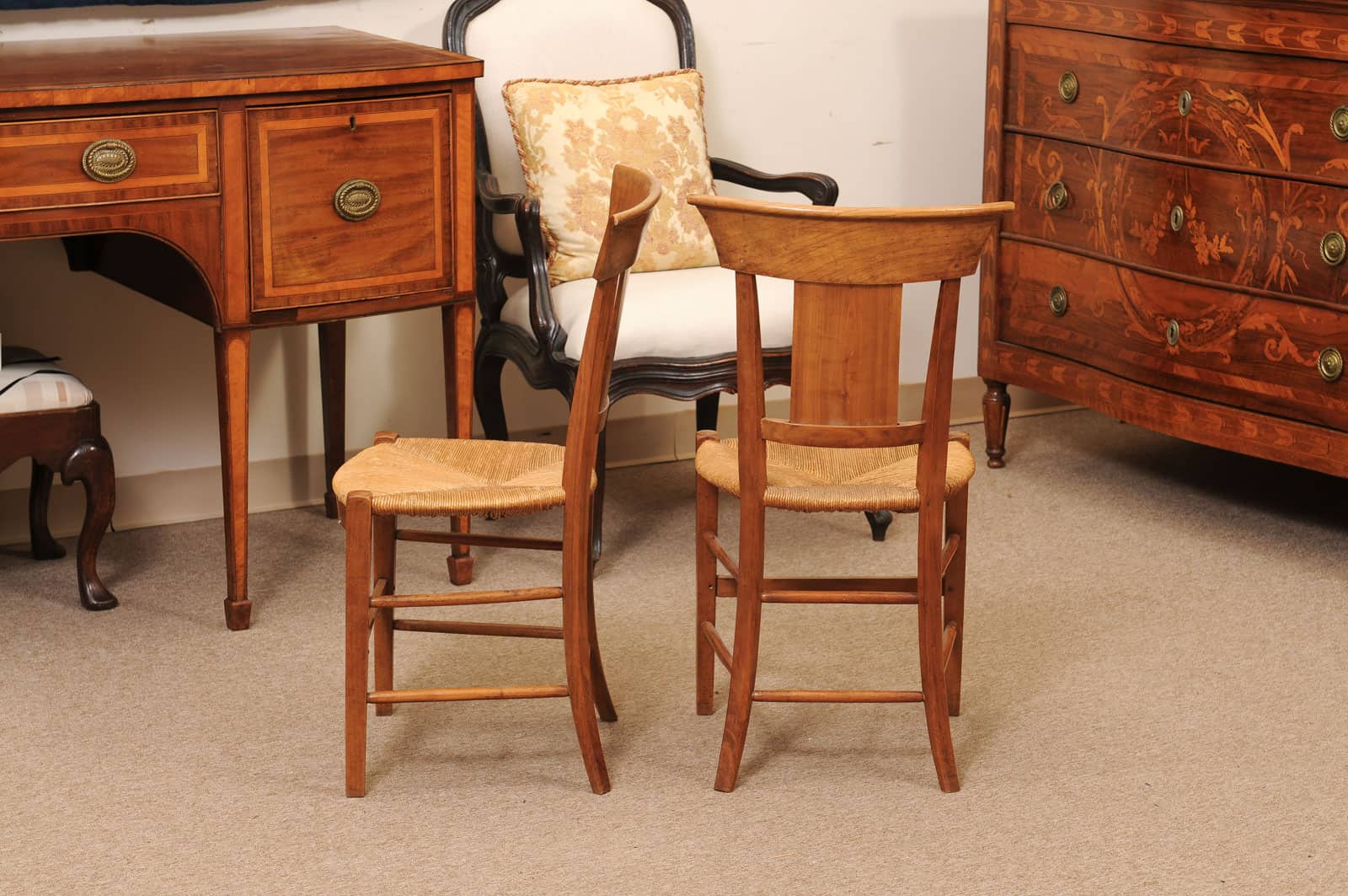 Pair of French Directoire Side Chairs with Rush Seats & Painted Backsplats, ca. 1800 - Image 11