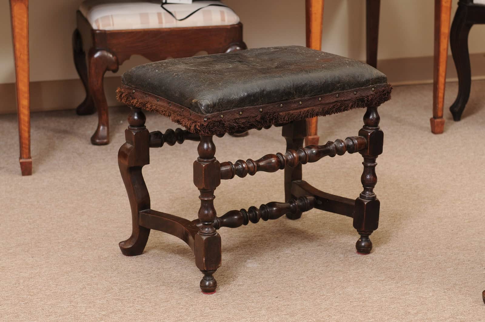 Pair of 19th Century Italian Baroque Style Walnut Benches with Leather Upholstery - Image 4