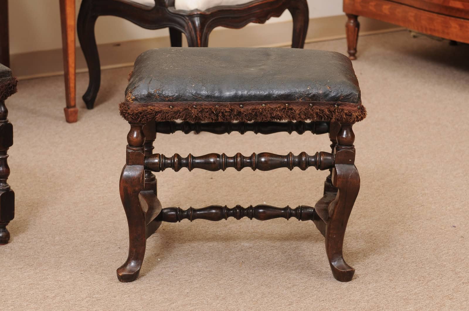 Pair of 19th Century Italian Baroque Style Walnut Benches with Leather Upholstery - Image 5