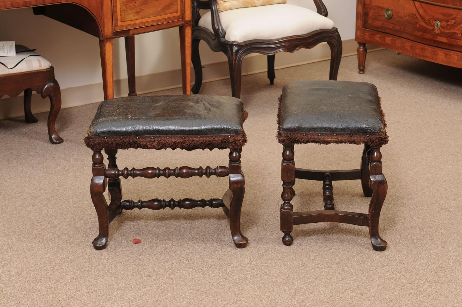 Pair of 19th Century Italian Baroque Style Walnut Benches with Leather Upholstery - Image 8