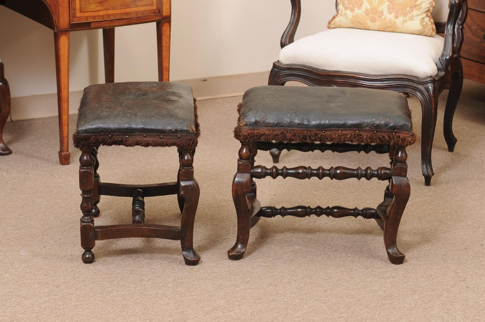 Pair of 19th Century Italian Baroque Style Walnut Benches with Leather Upholstery - Image 9
