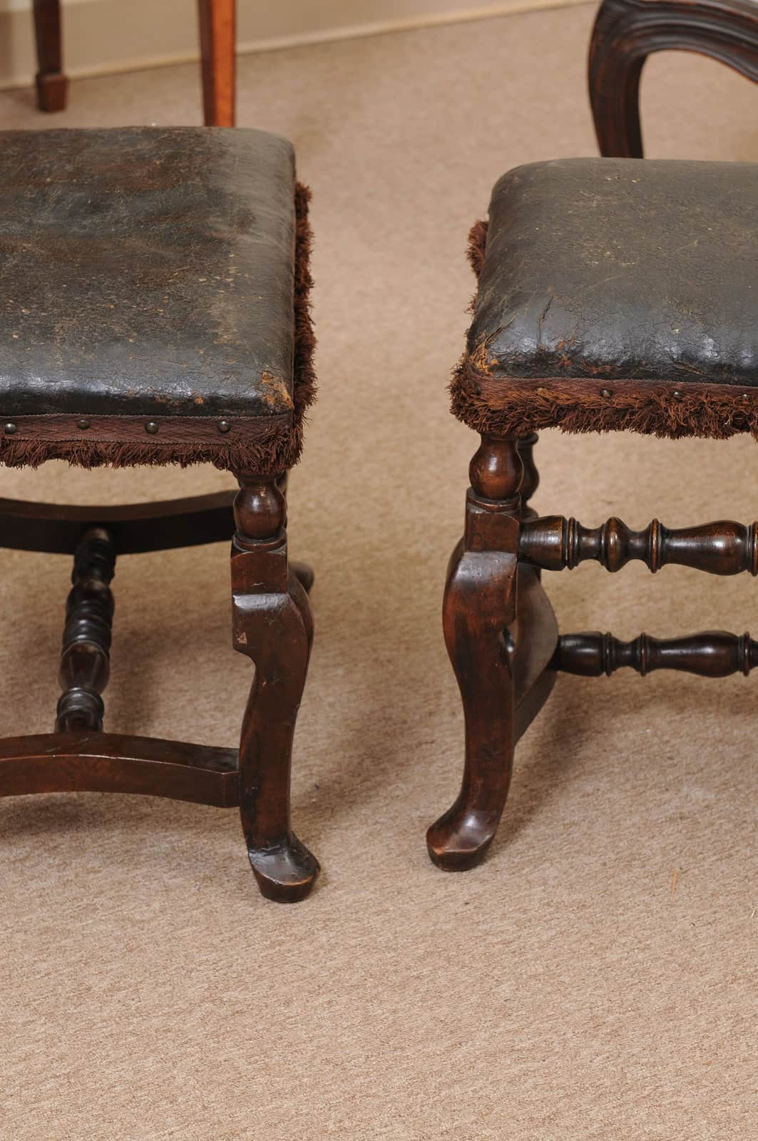 Pair of 19th Century Italian Baroque Style Walnut Benches with Leather Upholstery - Image 10