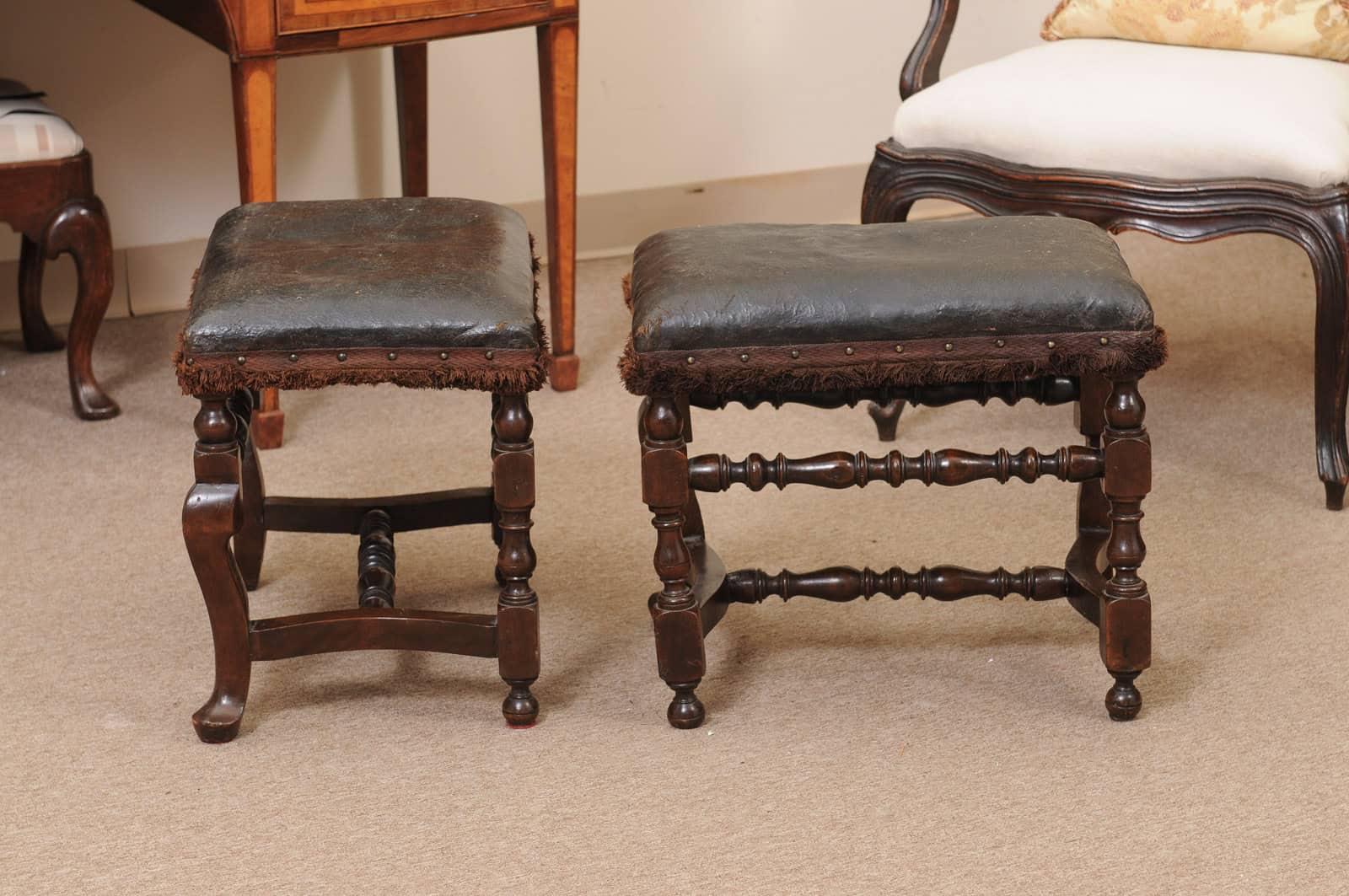 Pair of 19th Century Italian Baroque Style Walnut Benches with Leather Upholstery - Image 12
