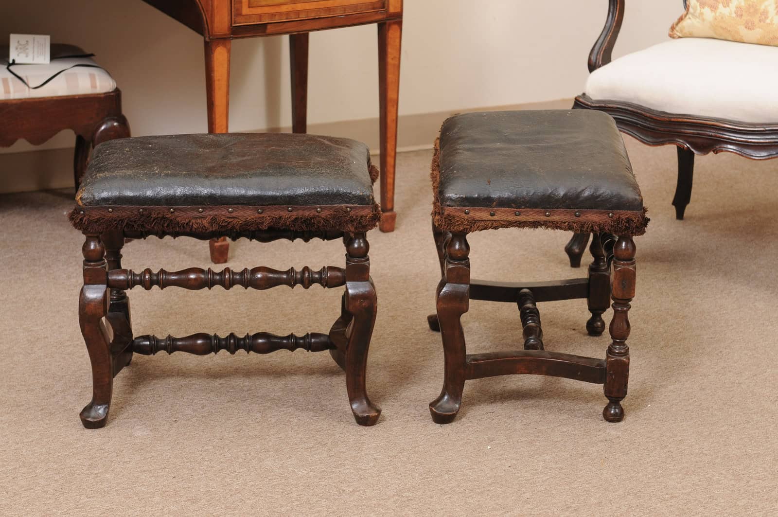 Pair of 19th Century Italian Baroque Style Walnut Benches with Leather Upholstery - Image 14
