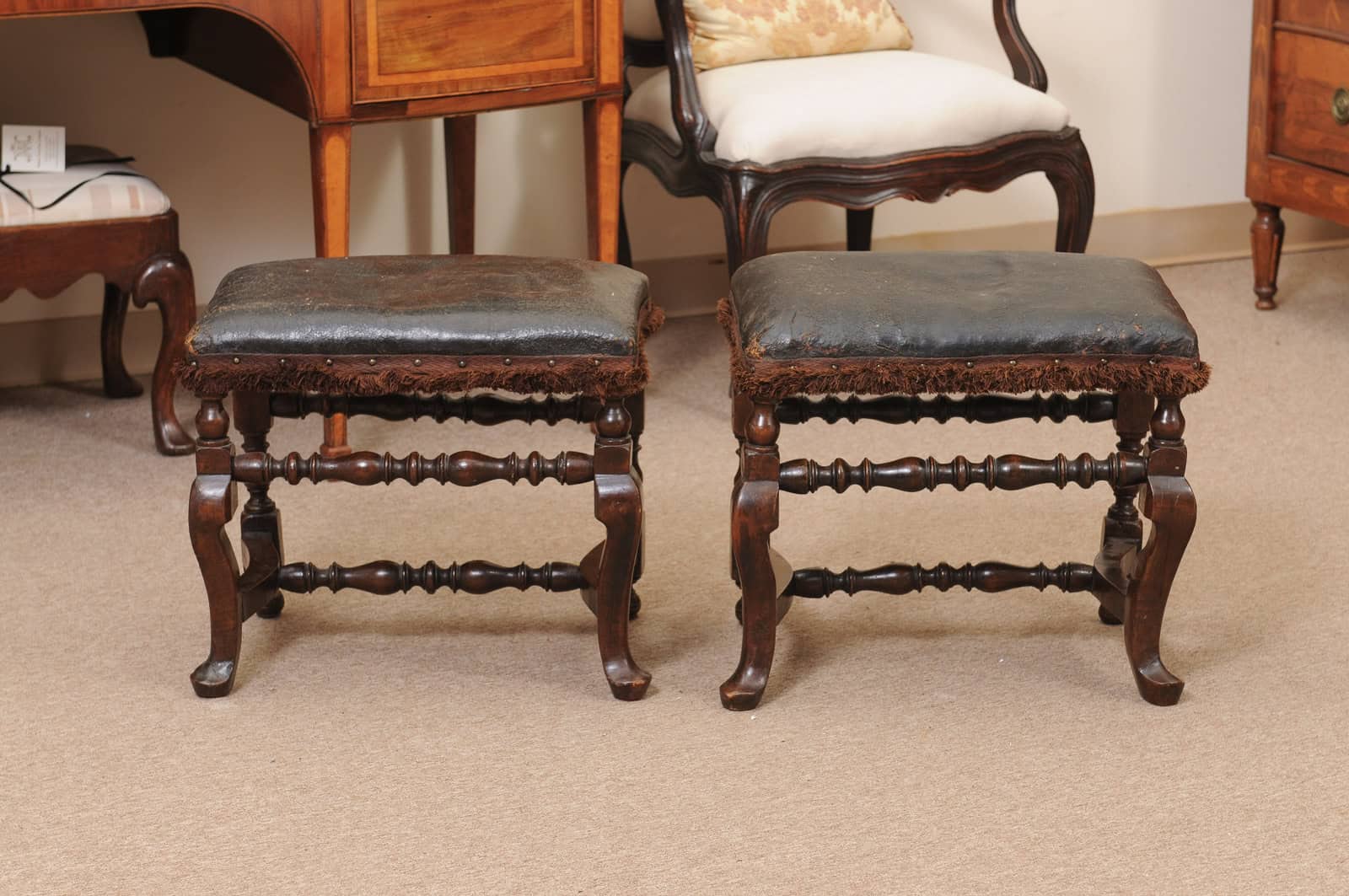 Pair of 19th Century Italian Baroque Style Walnut Benches with Leather Upholstery - Image 15