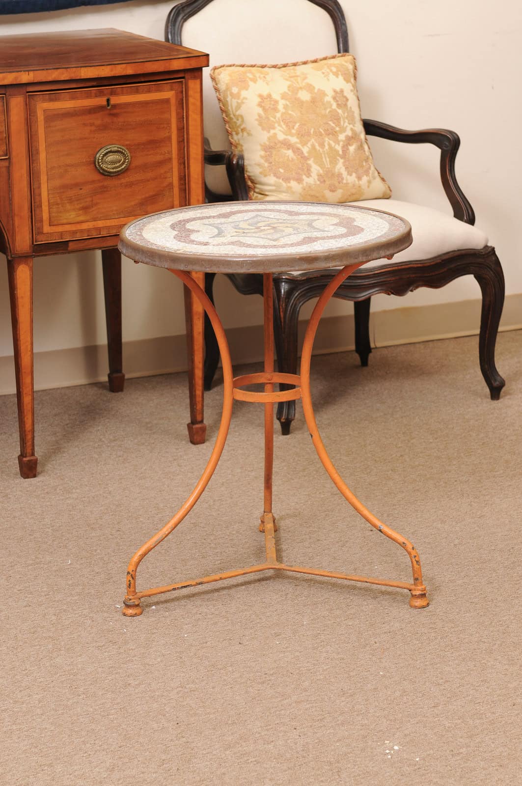 Orange Painted Iron Bistro Table with Mosaic Ceramic Top, France ca. 1900 - Image 3