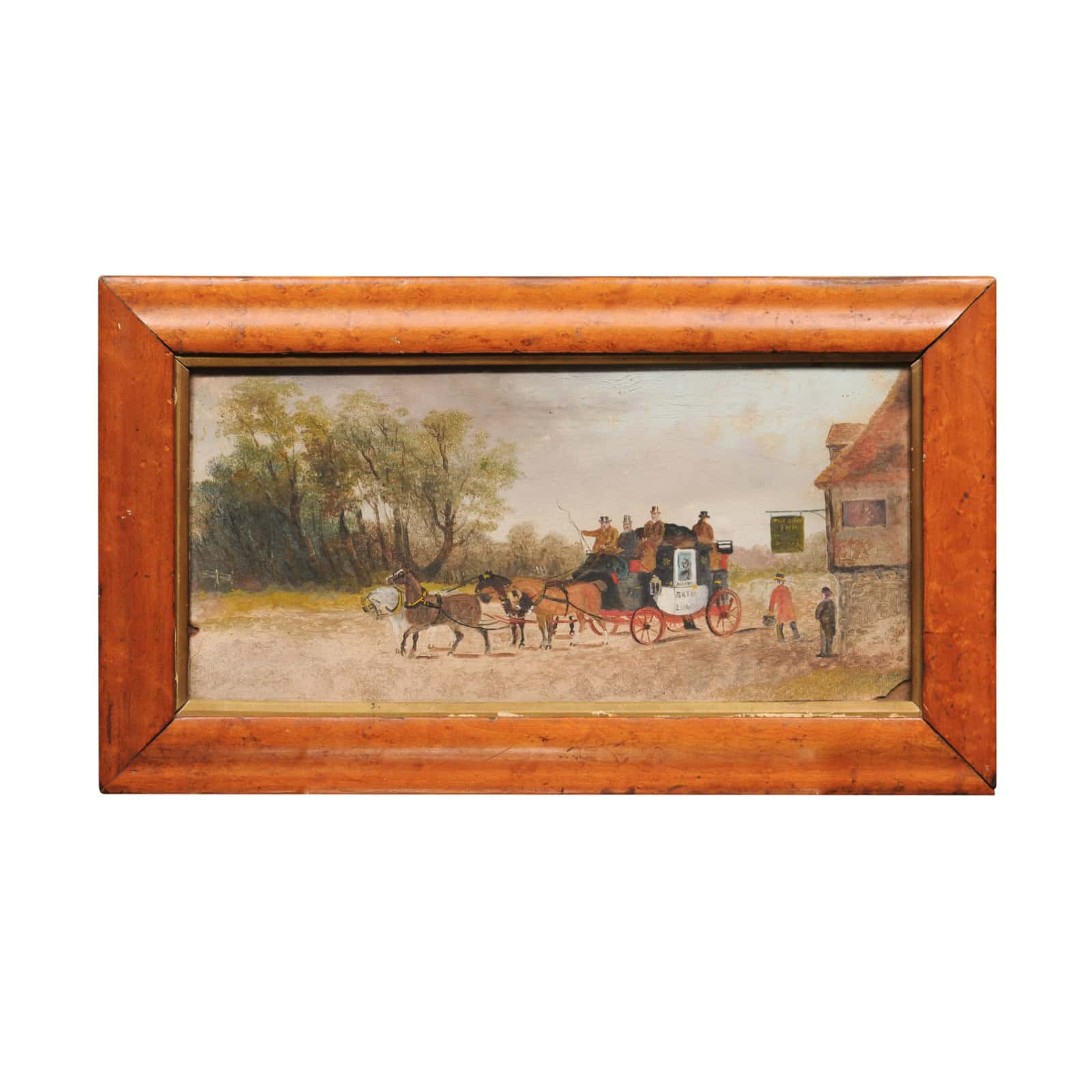Framed English Horses Pulling a Carriage Painting on Board in Maple Frame, 19th Century - Image 2