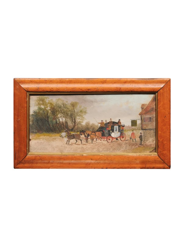 Framed English Horses Pulling a Carriage Painting on Board in Maple Frame, 19th Century