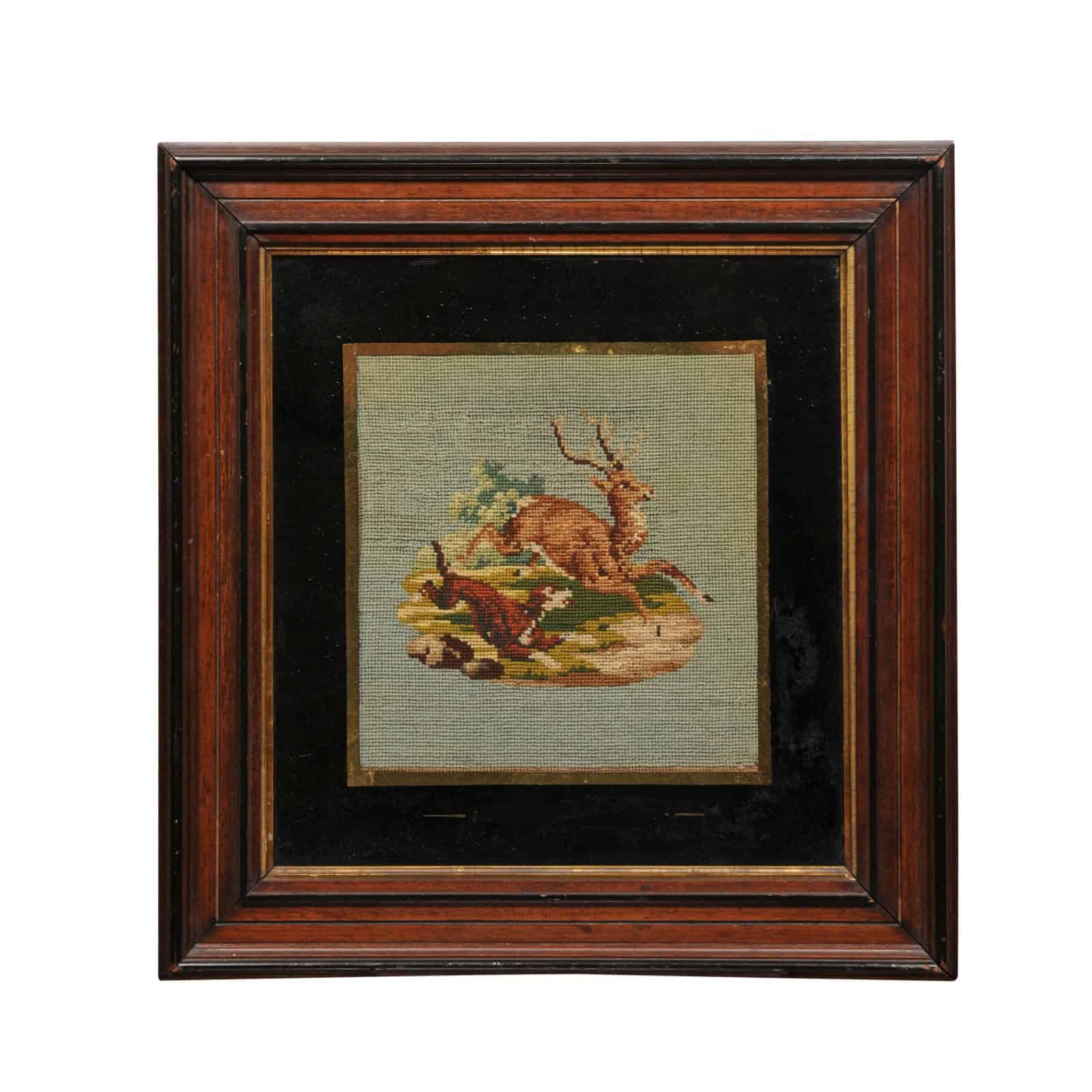 Framed Needle Point of Dog Chasing a Deer - Image 2