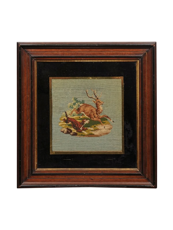 Framed Needle Point of Dog Chasing a Deer