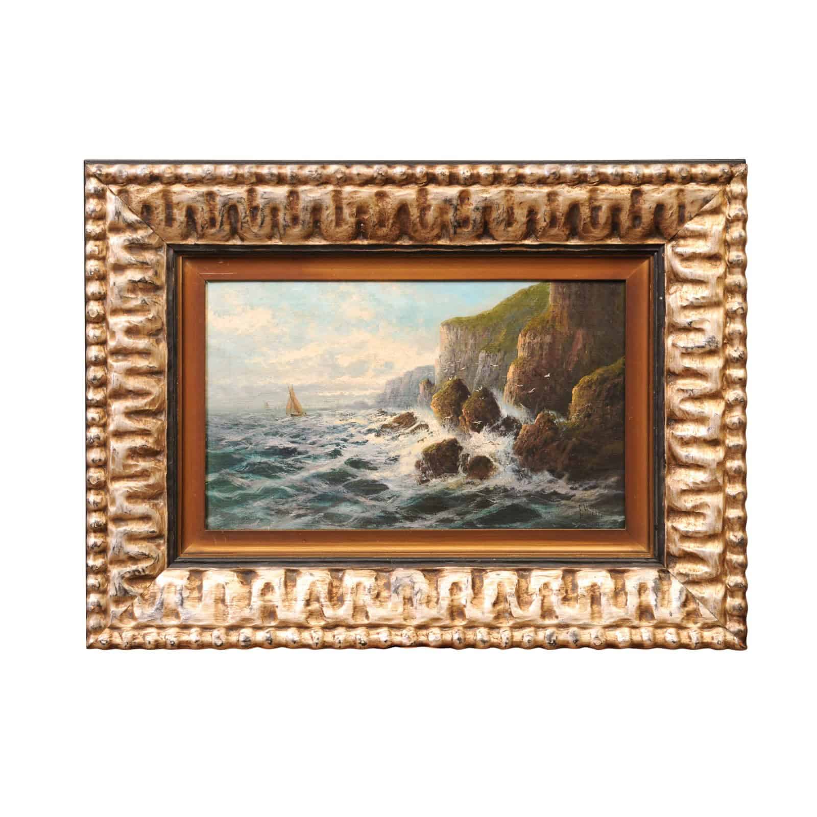Frank Hider (1861-1933) Oil on Canvas of Rocky Shoreline, England in Silvered Frame - Image 2