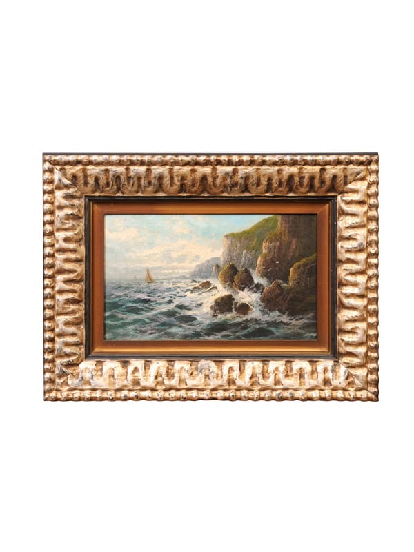 Frank Hider (1861-1933) Oil on Canvas of Rocky Shoreline, England in Silvered Frame