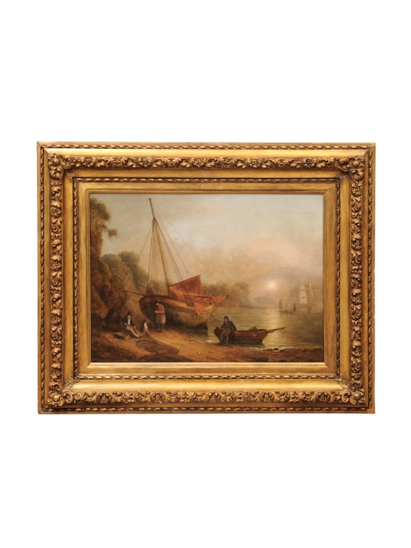 Giltwood Framed Maritime and Coastal Landscape Featuring a Beached Fishing Boat with Sails, Late 19th Century, Continental