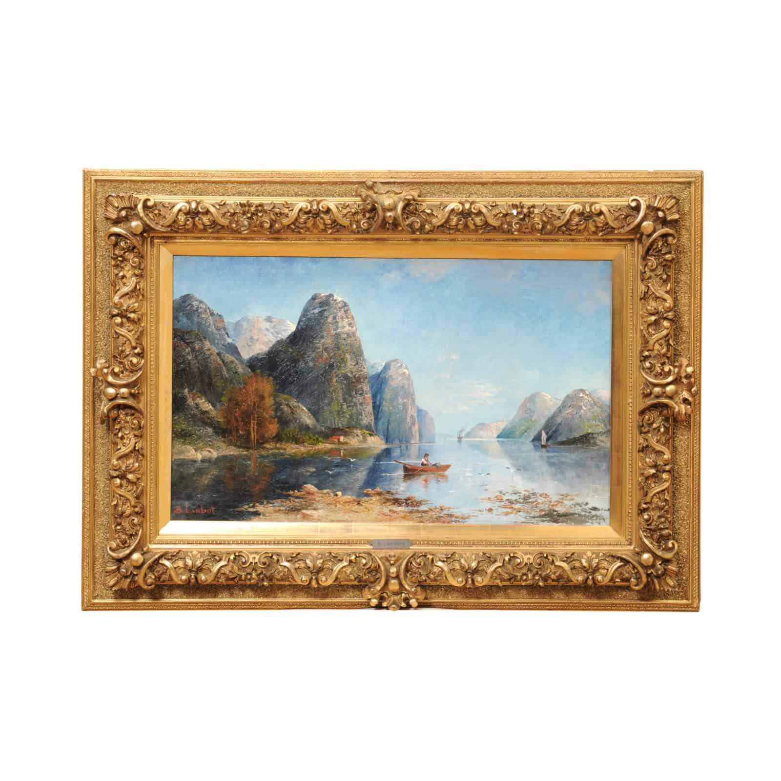 Kaufmann Karl (1843-1905) Vienna Norwegian Fjord Oil on Canvas Landscape Painting in Giltwood Carved Frame - Image 2