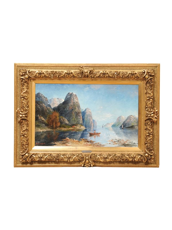 Kaufmann Karl (1843-1905) Vienna Norwegian Fjord  Oil on Canvas Landscape Painting in Giltwood Carved Frame