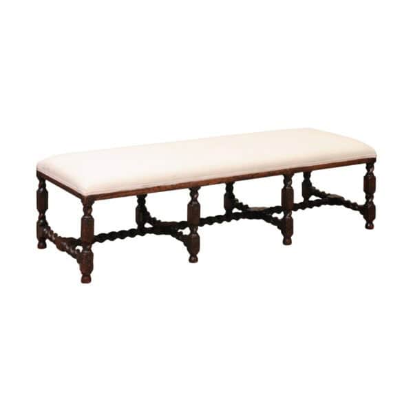Upholstered Oak Carved Bench with Barley Twist Detail - Image 2