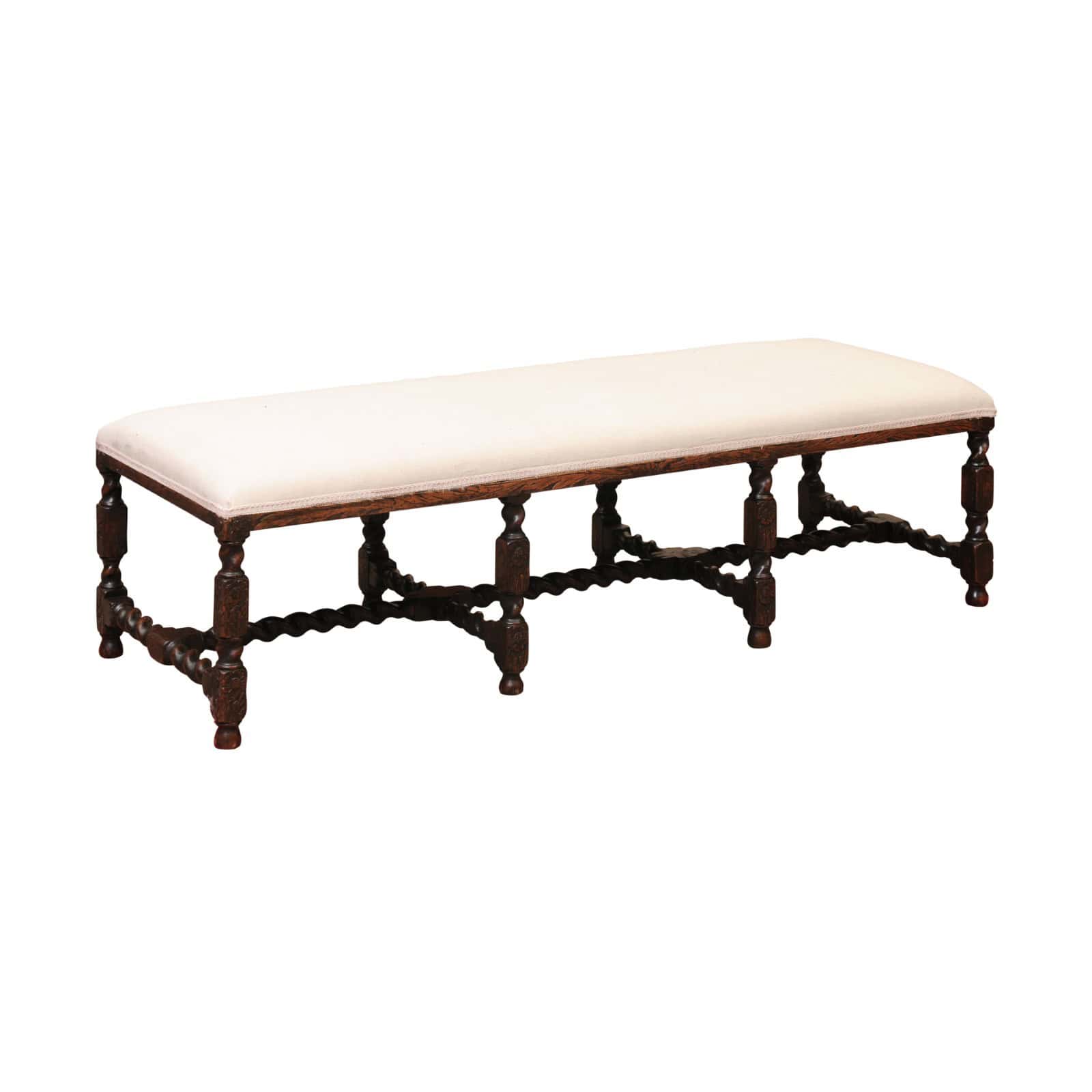 Upholstered Oak Carved Bench with Barley Twist Detail - Image 2
