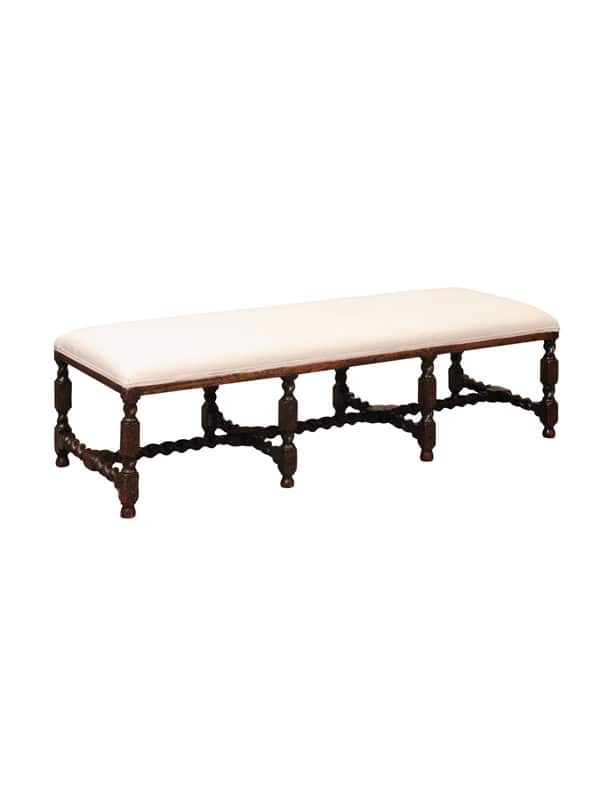 Upholstered Oak Carved Bench with Barley Twist Detail