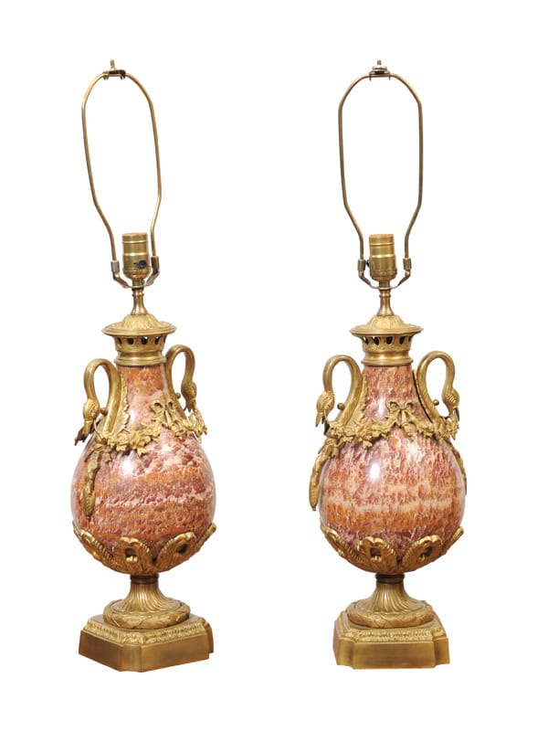 Pair of Louis XVI Style Pink Marble Urns / Cassoulettes with Bronze Dore Mounts, 19th Century