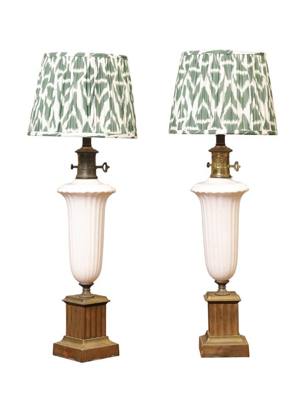 Pair of Vintage Neoclassical  Urn Form White Ceramic Lamps with Gilt Metal Fluted Rectangular Bases and Green Shades