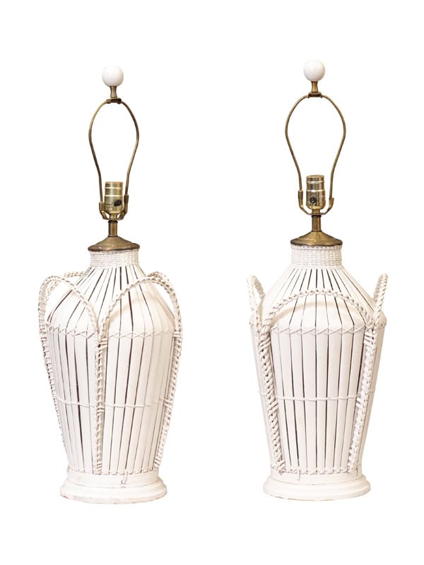 Pair of White Painted Rattan Lamps, 20th Century